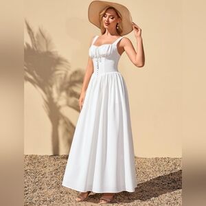 White Floral Maxi Dress Corset Style Square Neck Size XL